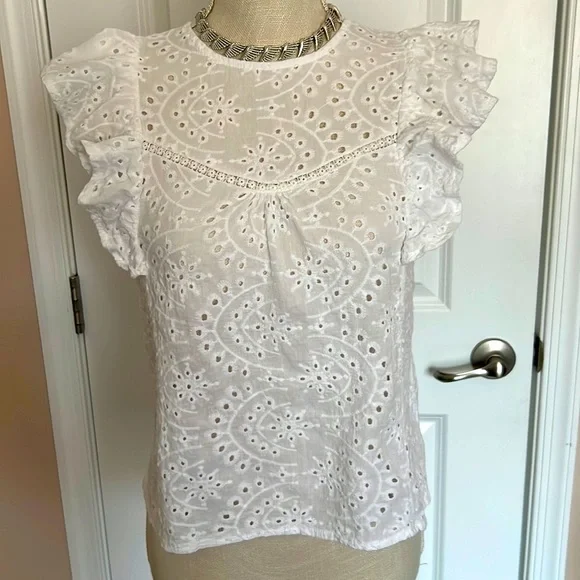 Shein top, blouse with short sleeves, white, cotton, embroidered new no tag - Picture 1 of 6